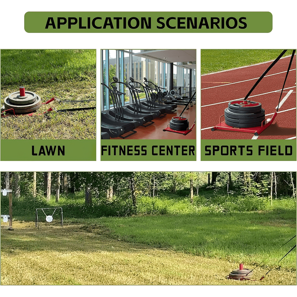 Speed training sled application scenarios: lawn, fitness center, and sports field for versatile workouts and resistance training.