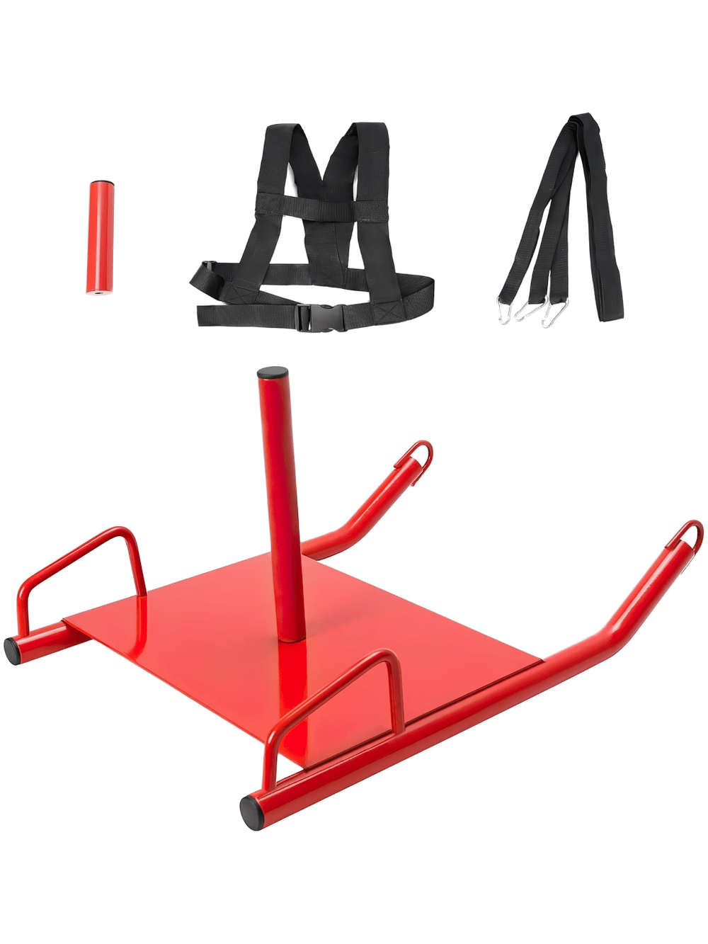 Red speed training sled with harness for resistance workouts and athletic drills, perfect for building strength and agility.