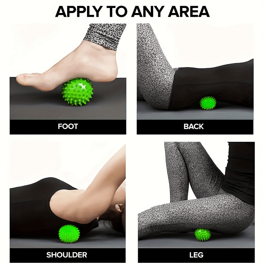 Spiky massage ball used on foot, back, shoulder, and leg for deep muscle relaxation; perfect for yoga and fitness recovery.