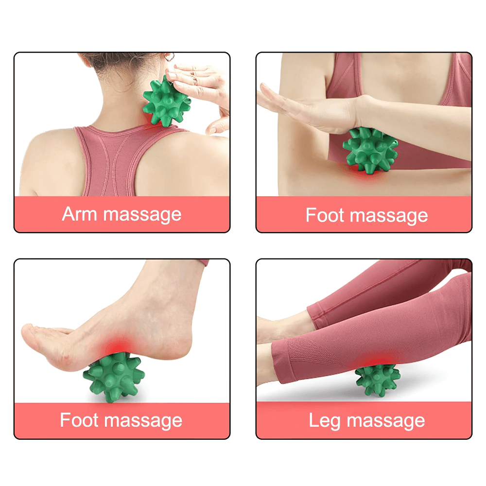Spiky massage ball used for arm, foot, and leg massage to relieve tension and improve circulation.