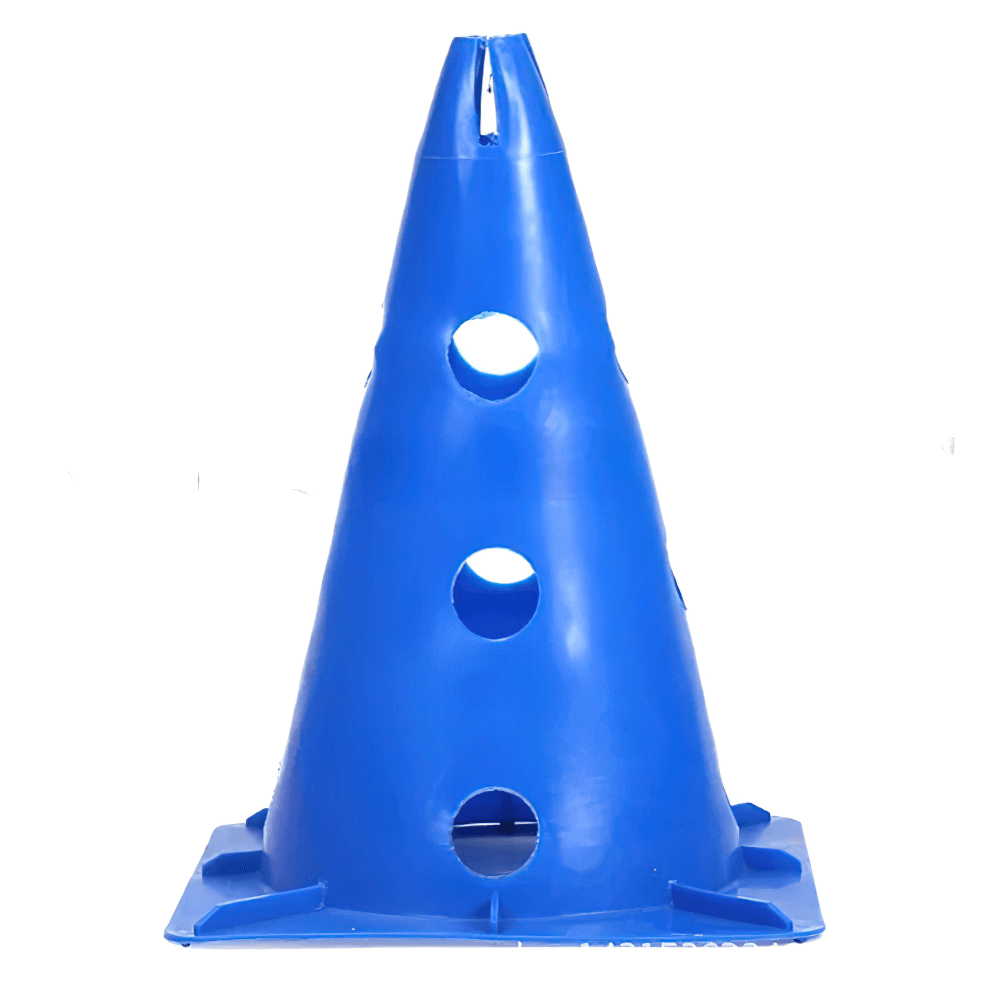 Blue sport marker cone with side holes, ideal for soccer and training drills. Perfect for outdoor agility exercises and fitness events.