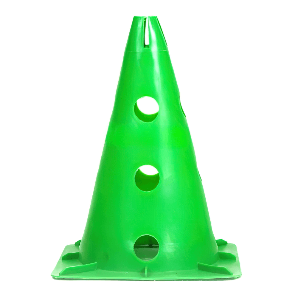 Green agility training cone with side holes for soccer and sports drills, perfect for outdoor use.