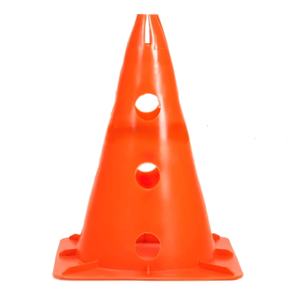 Bright orange agility training cone with pole holes designed for sports drills, perfect for soccer, basketball, and outdoor activities.