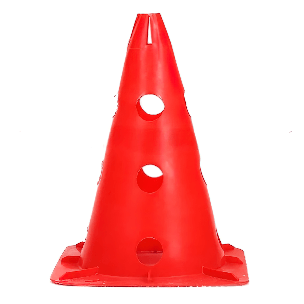 Red sports training cone with side holes for agility and soccer drills, perfect for outdoor exercises. Model SF3179.