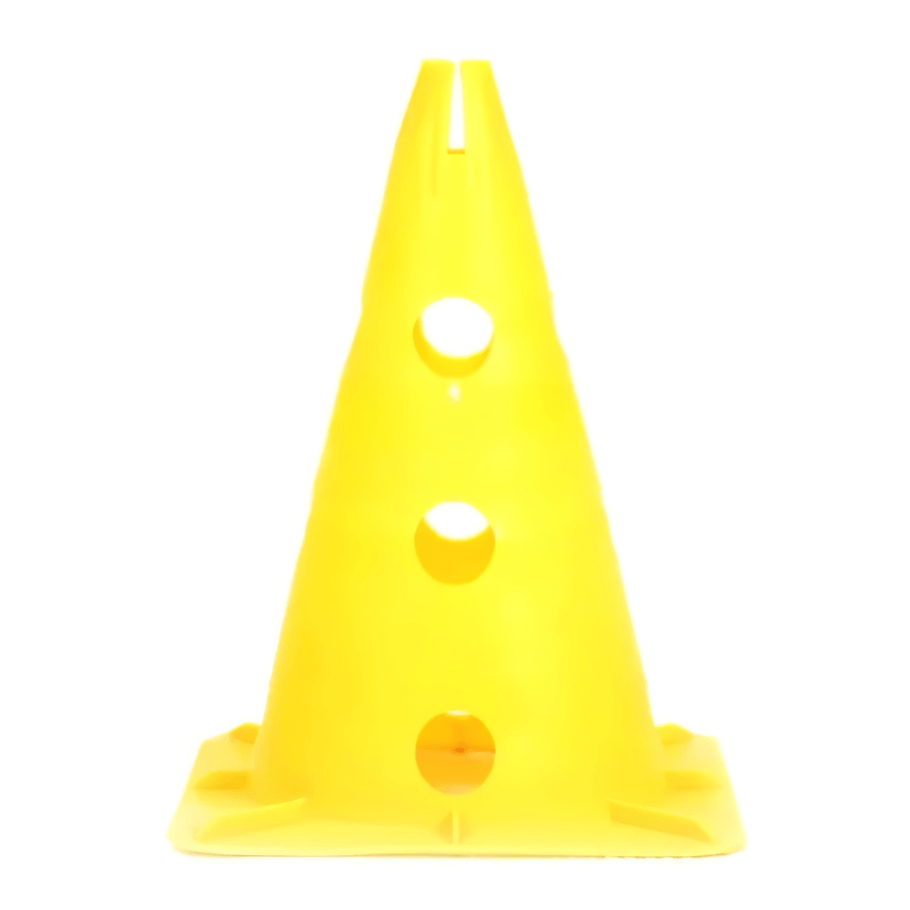 Yellow sport marker cone with pole holes for soccer training, agility drills, and outdoor sports. Model SF3179, 30cm tall.