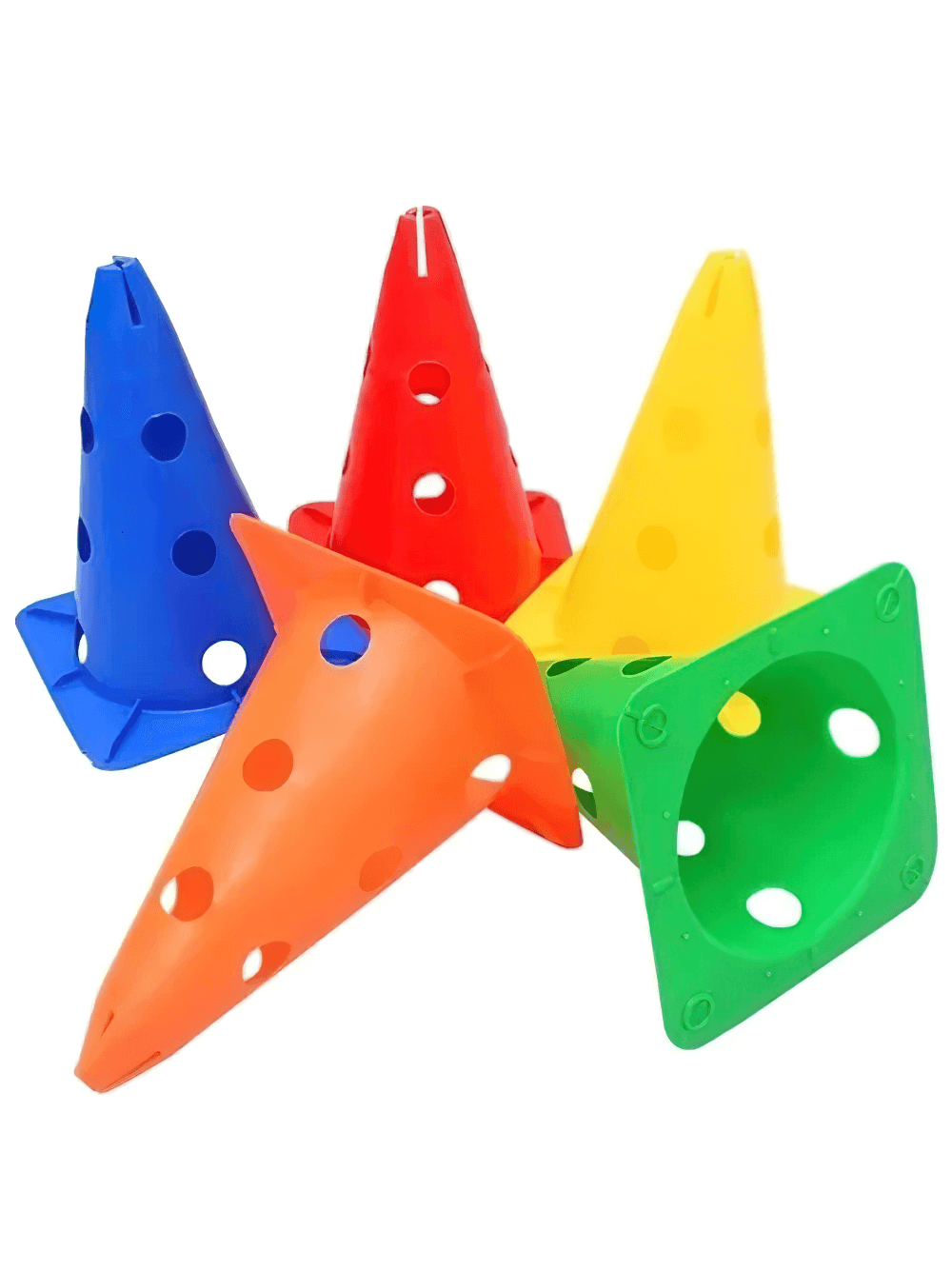 Set of colorful agility training cones with side holes for outdoor sports, ideal for soccer, basketball, and obstacle drills.