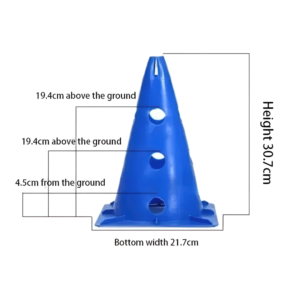 Blue 30cm soccer marker cone with side holes, ideal for agility training and obstacle drills.