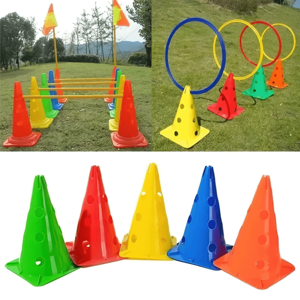 Colorful agility training marker cones with side holes for outdoor sports, perfect for soccer, football, and obstacle drills.