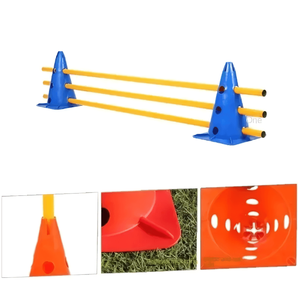 Colorful agility training cones with poles for soccer and drills, made of durable plastic, ideal for outdoor sports and fitness events.