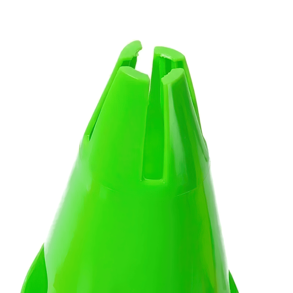 Close-up of green sport marker cone with slots for pole placements, ideal for soccer and training drills.