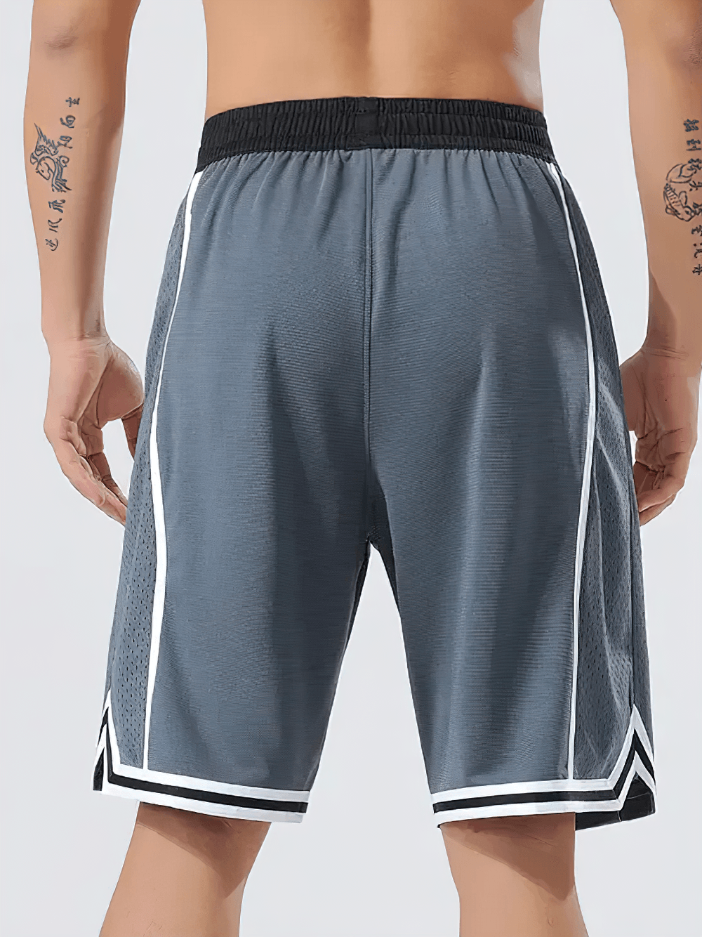 Alt Tag: Sports Basketball Shorts with Side Stripe Trim - SF4452 men's gray court shorts, elastic waistband, contrast side panels, striped hems