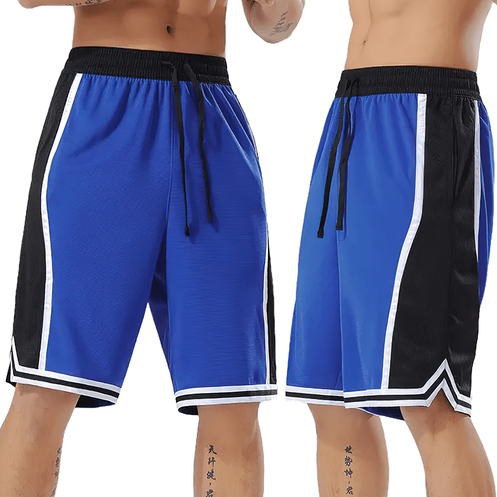 Alt Tag: Sports Basketball Shorts with Side Stripe Trim - SF4452 blue men’s court shorts with black side panels, striped hem, elastic waist