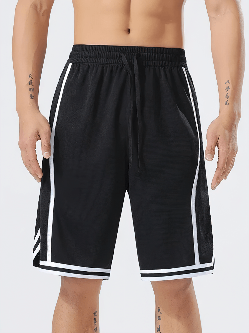 Alt Tag: Sports Basketball Shorts with Side Stripe Trim - SF4452 black men’s athletic court shorts with contrast side panels and striped hems
