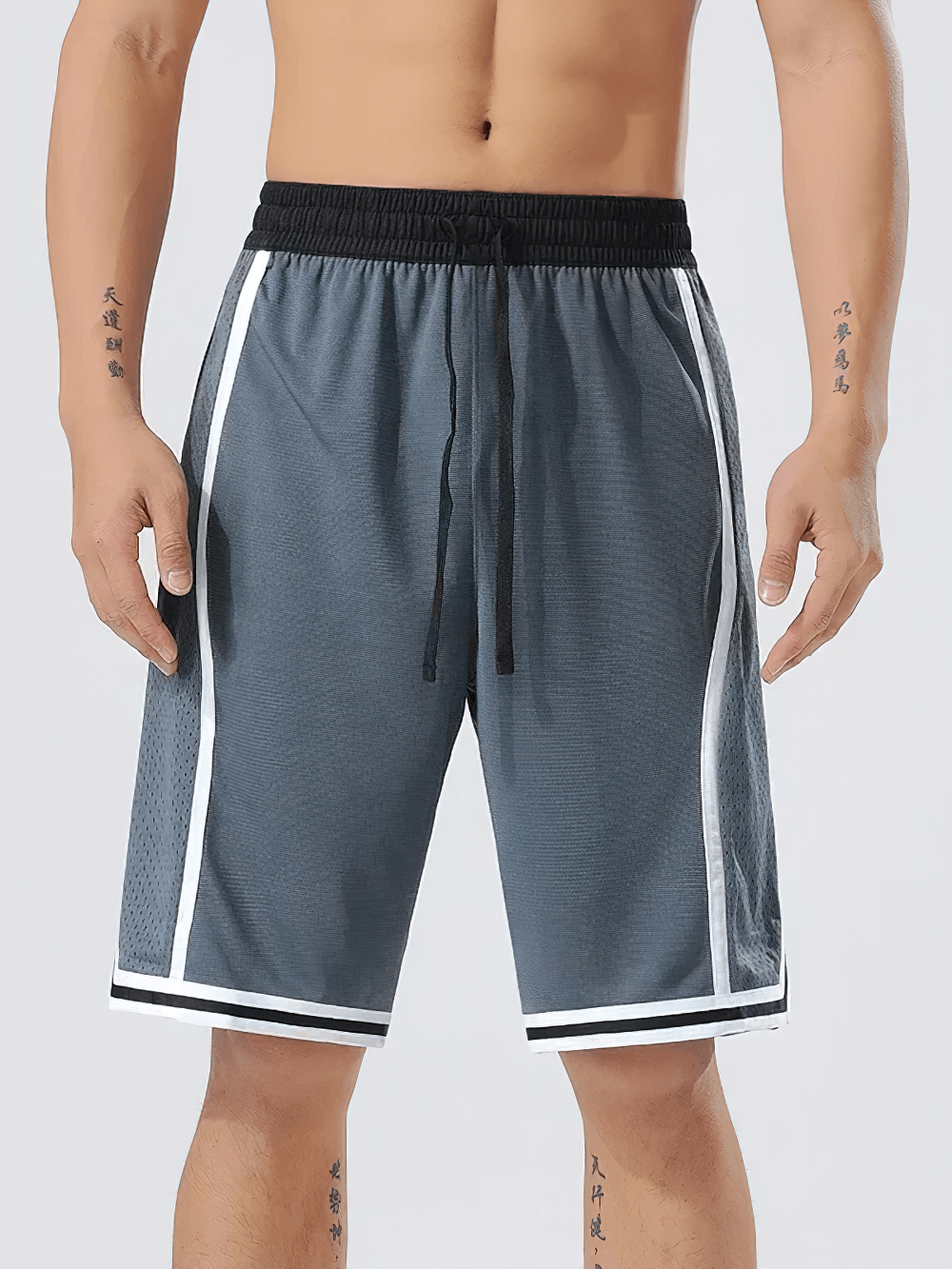 Alt Tag: Sports Basketball Shorts with Side Stripe Trim - SF4452 men's gray court shorts with striped hems, elastic waistband & drawstring