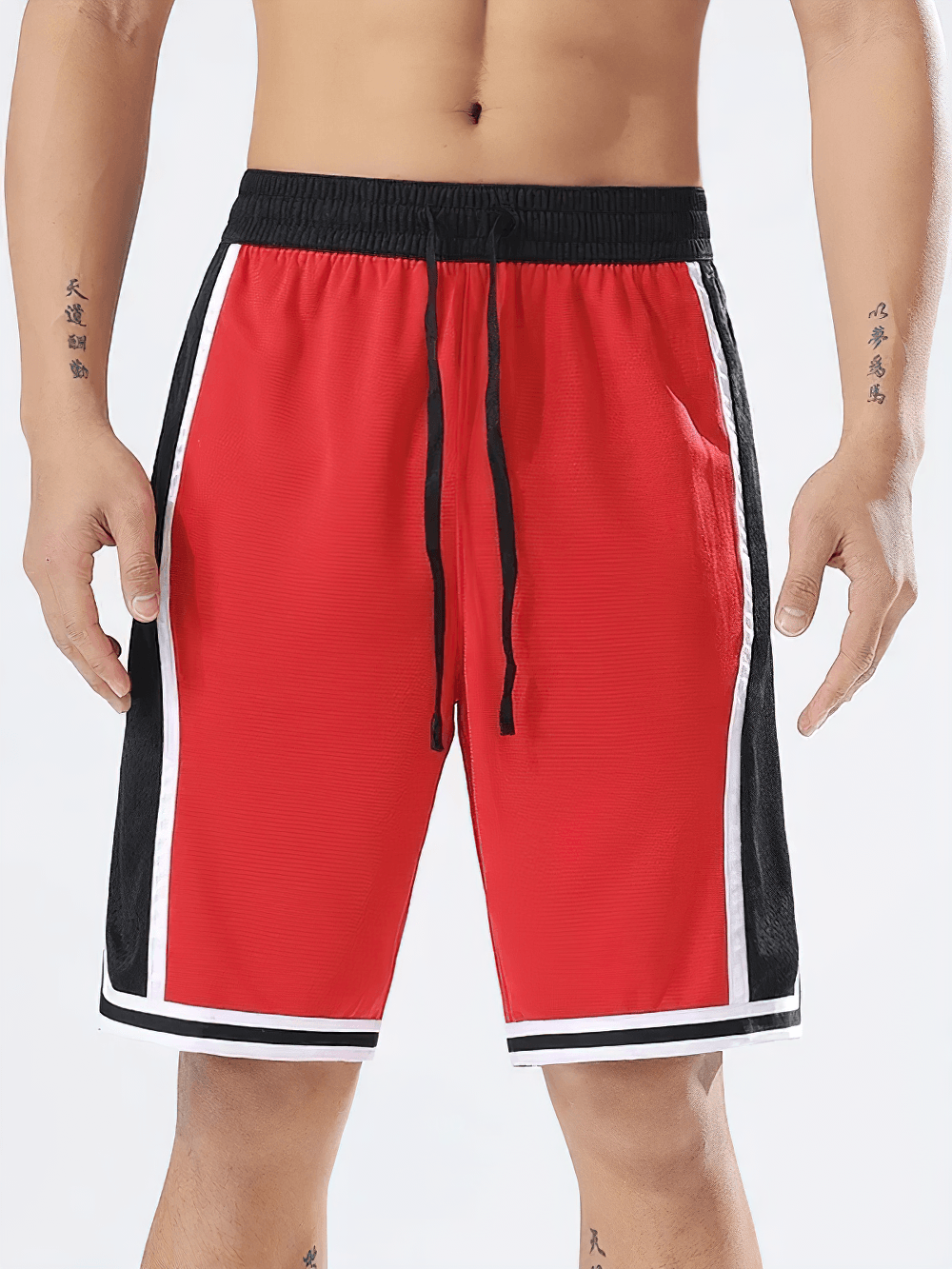 Alt Tag: Sports Basketball Shorts with Side Stripe Trim - SF4452 red men’s court shorts with elastic waistband, drawstring, contrast side panels