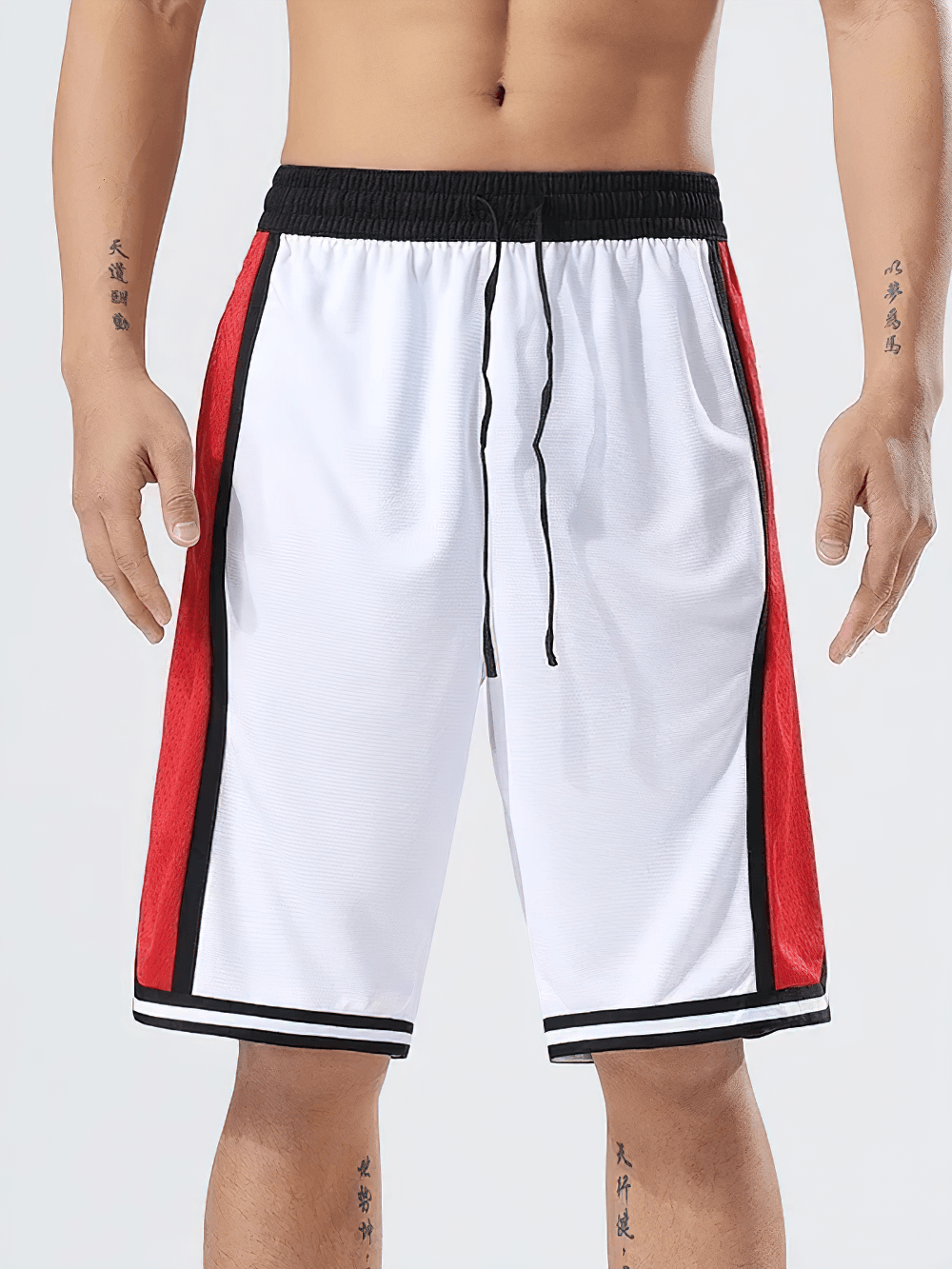 Alt Tag: Sports Basketball Shorts with Side Stripe Trim - SF4452 white men’s shorts with red side panels, striped hems & drawstring waist