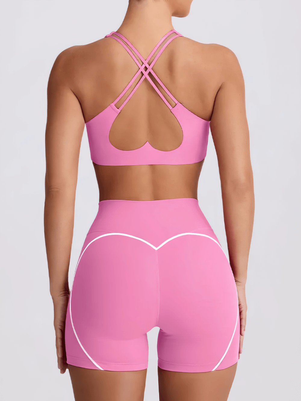 Alt Tag: Sports Bra and High Waist Shorts Light Set - SF4332 pink seamless crisscross back sports bra with high waist biker shorts, rear view