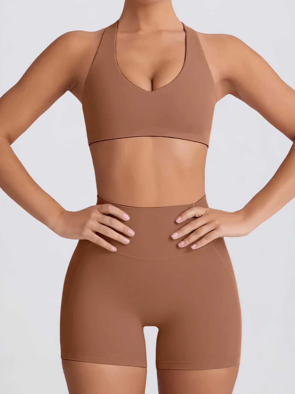 Alt Tag: Sports Bra and High Waist Shorts Light Set - SF4332 seamless V-neck sports bra and high waist biker shorts, crisscross back