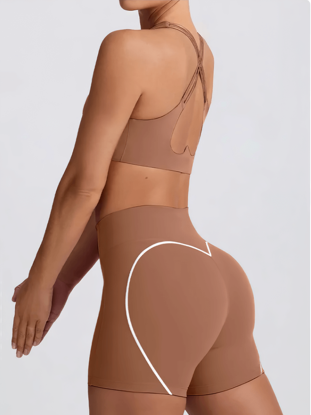 Alt Tag: Sports Bra and High Waist Shorts Light Set - SF4332 seamless crisscross back yoga bra with high waist shorts, tummy control fit