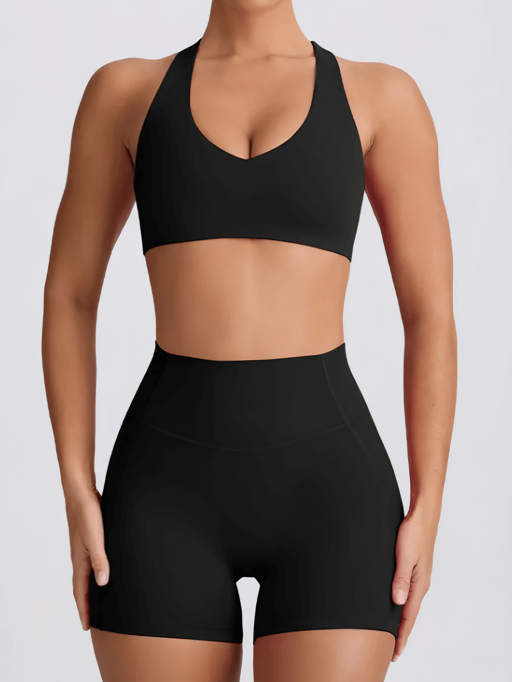 Alt Tag: Sports Bra and High Waist Shorts Light Set - SF4332 black seamless V-neck sports bra with high waist biker shorts, tummy control fit