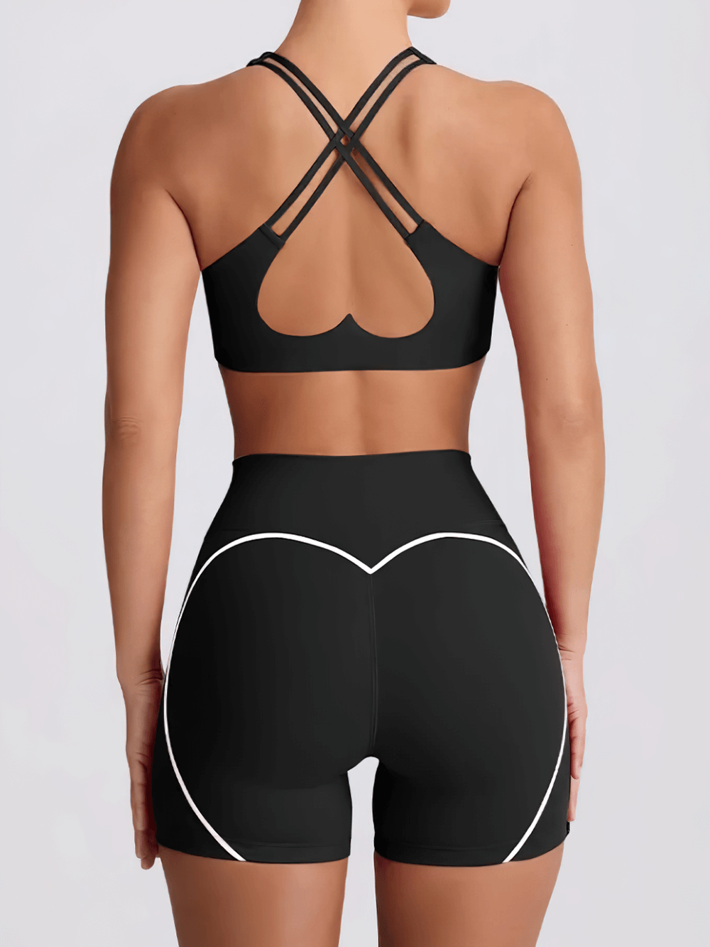 Alt Tag: Sports Bra and High Waist Shorts Light Set - SF4332 crisscross back sports bra with high waist biker shorts, seamless black yoga set