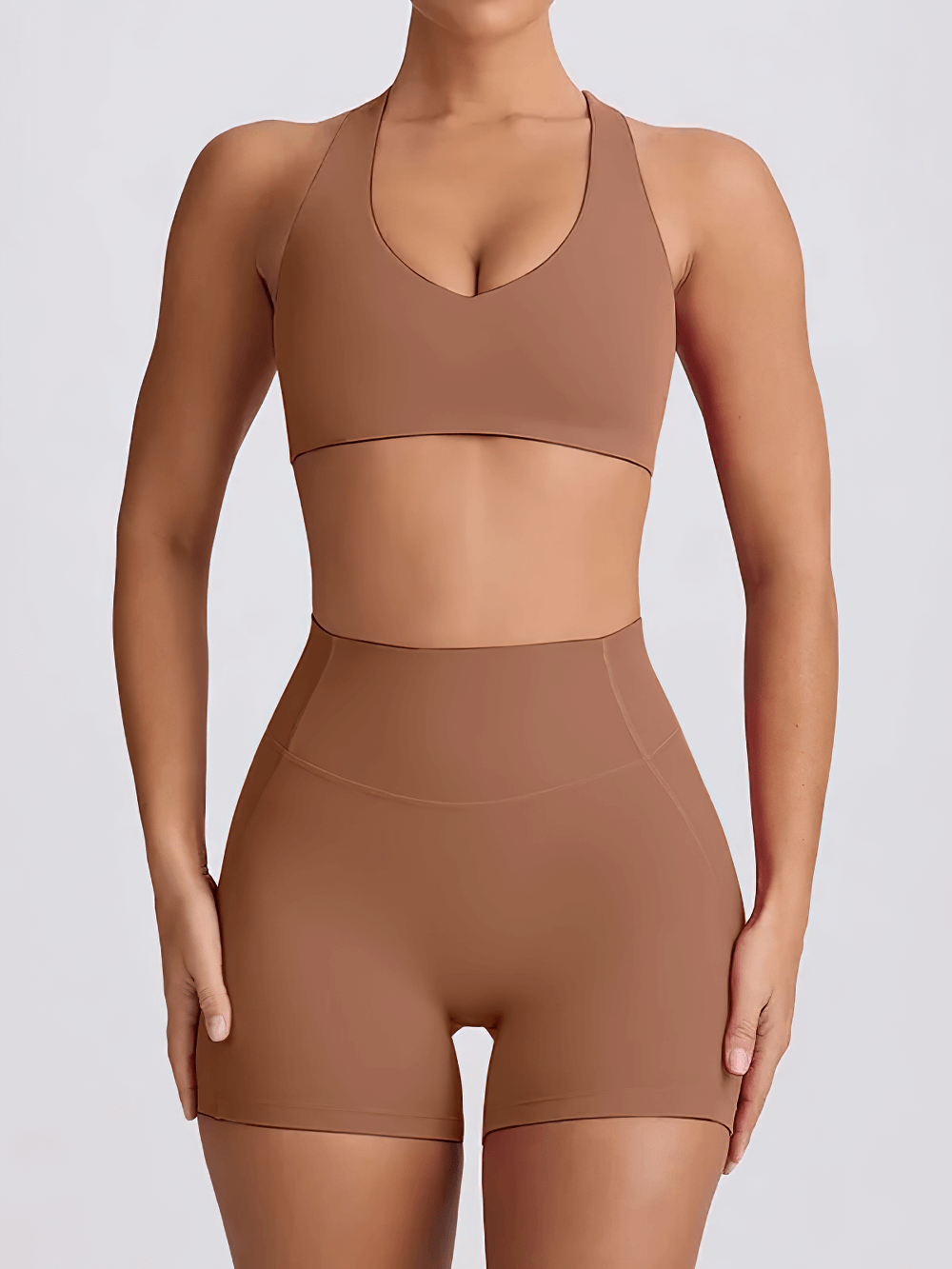 Alt Tag: Sports Bra and High Waist Shorts Light Set - SF4332 seamless V-neck sports bra and high waist biker shorts set, crisscross back