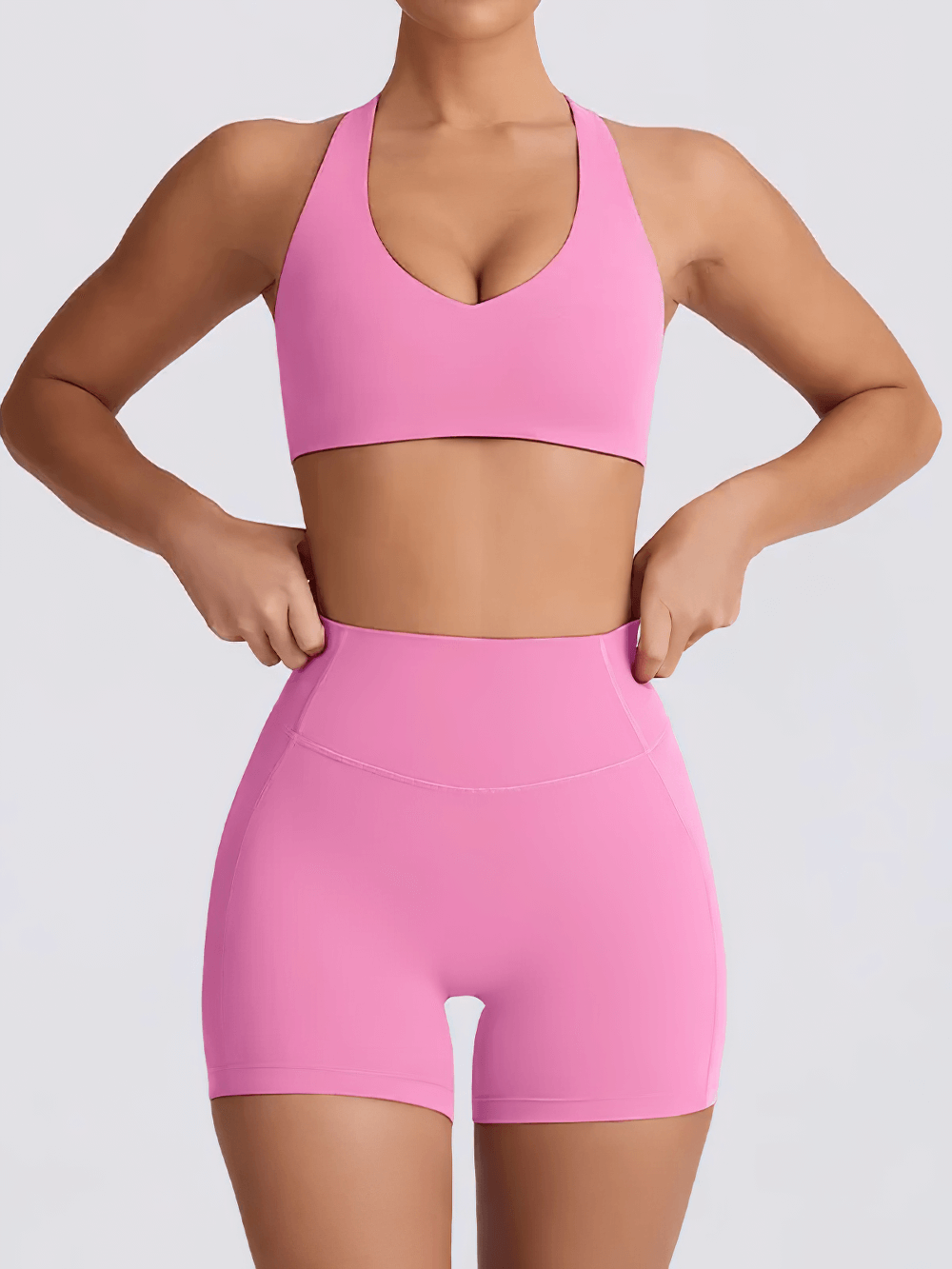 Alt Tag: Sports Bra and High Waist Shorts Light Set - SF4332 pink V-neck sports bra with high waist biker shorts, seamless yoga workout set