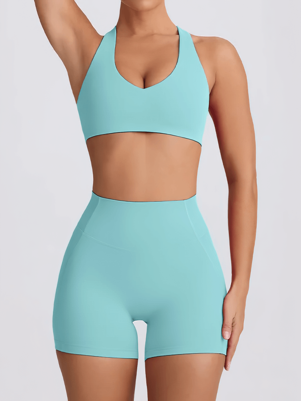 Alt Tag: Sports Bra and High Waist Shorts Light Set - SF4332 seamless V-neck sports bra and high waist biker shorts, aqua yoga set