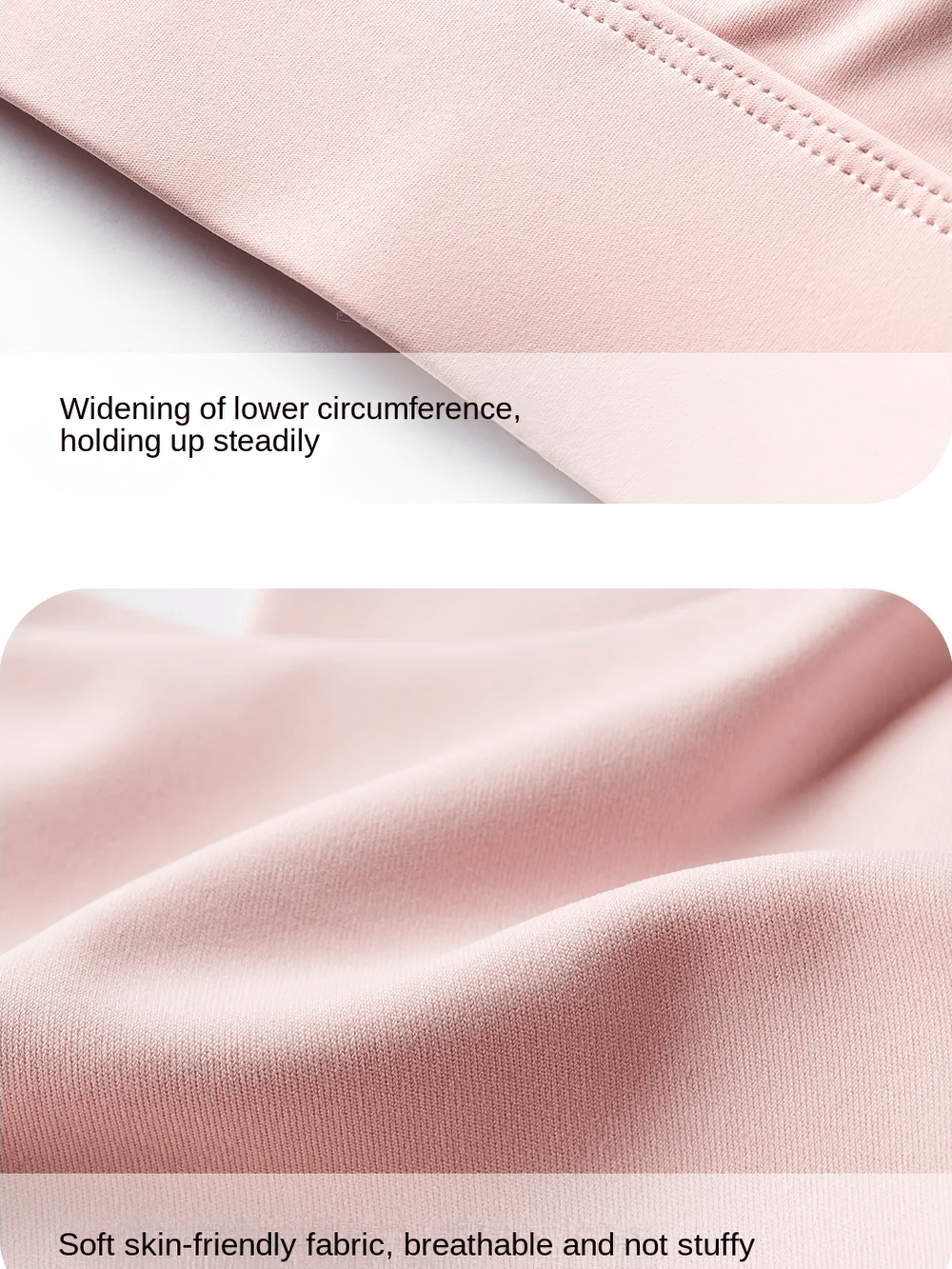 Close-up of pink sports bra fabric showing wide elastic band and breathable, skin-friendly material.
