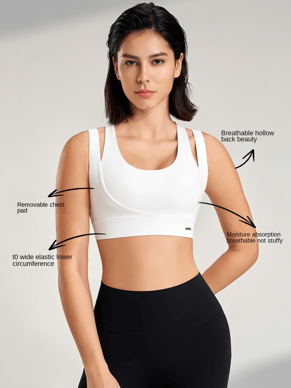 Woman wearing moisture-wicking sports bra with hollow back and removable pads for gym. SF2339 design with wide elastic support.