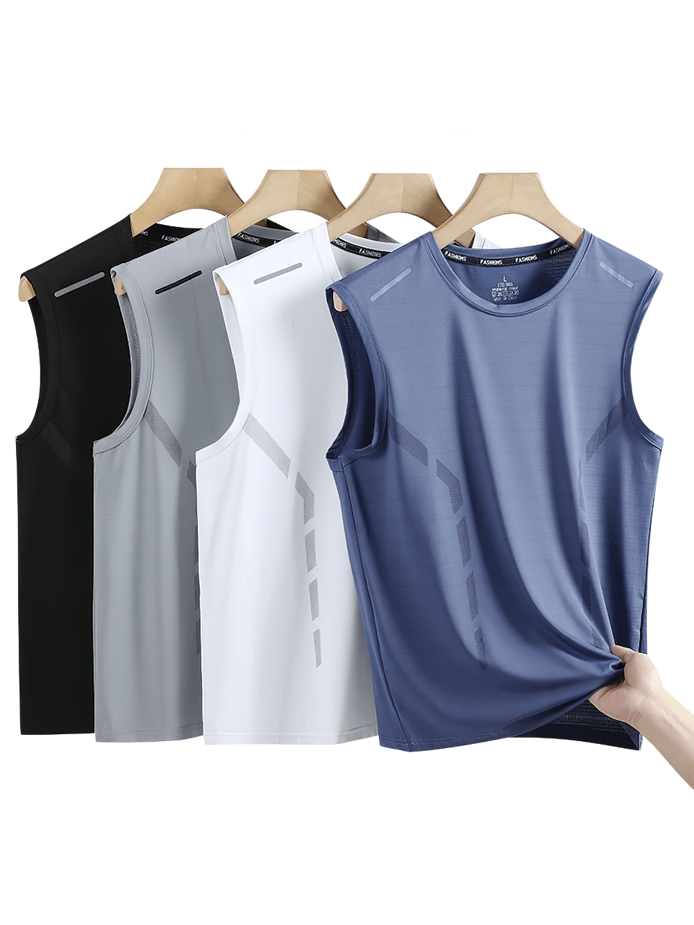 Sports Breathable Lightweight Training Tank - SF4559 in four colors hanging on display.