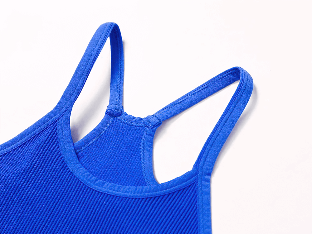 Blue ribbed racerback tank top for women, ideal for gym and casual wear. Features stretchable and breathable fabric.