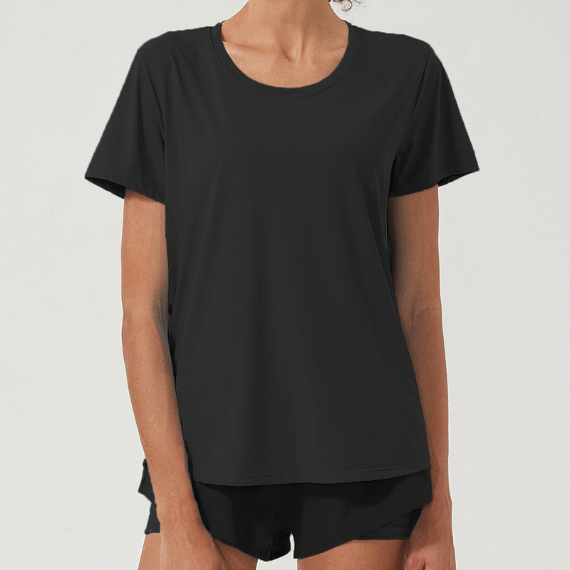Black Sports Breathable Women's T-shirt with Slit on Back, perfect for yoga, gym, and workouts. Comfortable, quick-dry fabric blend.