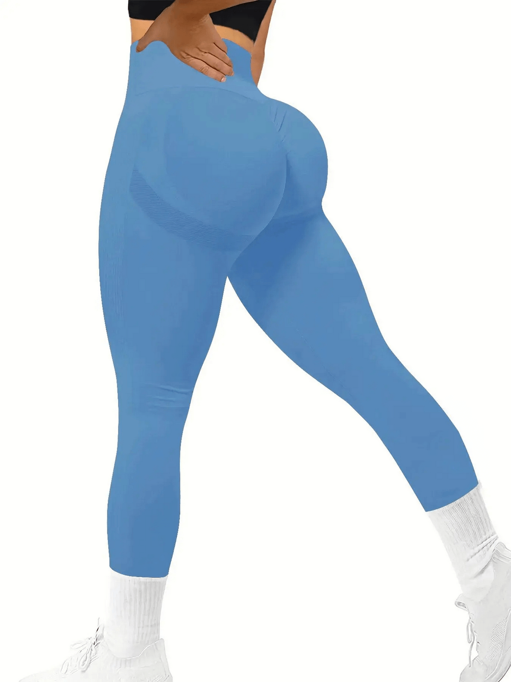 Sports Butt Booty Shaping Gym Yoga Pants for Women - SF4069 in blue, showcasing flattering fit and high-quality material, side view.