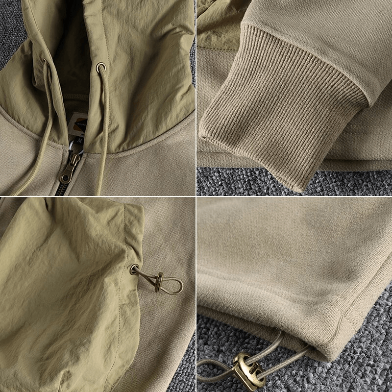 Close-up of beige Sports Casual Men's Hoodie with zipper, hood, cuff, and durable stitching, made of 100% cotton for athletes.
