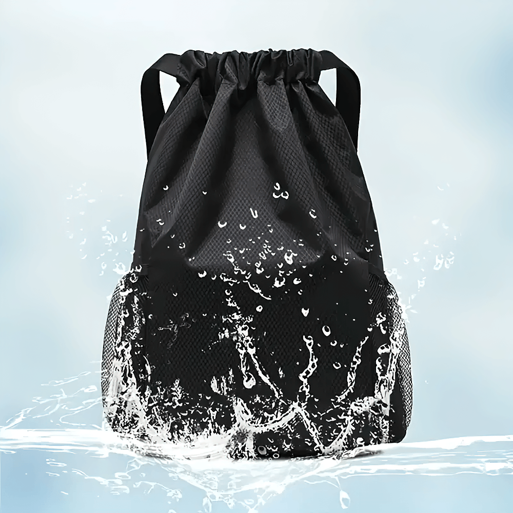 Durable black sports drawstring backpack with water splash, adjustable straps, and mesh pockets, perfect for gym and travel.