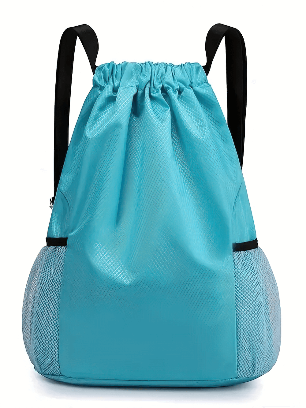 Turquoise sports drawstring backpack with adjustable straps and mesh side pockets, ideal for gym, travel, and outdoor activities.