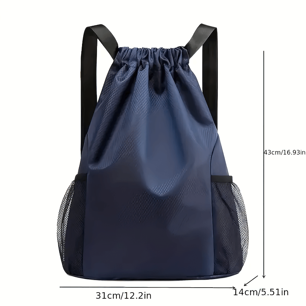 Durable blue sports drawstring backpack SF2642 with adjustable straps, mesh side pockets, and water-resistant Oxford fabric.