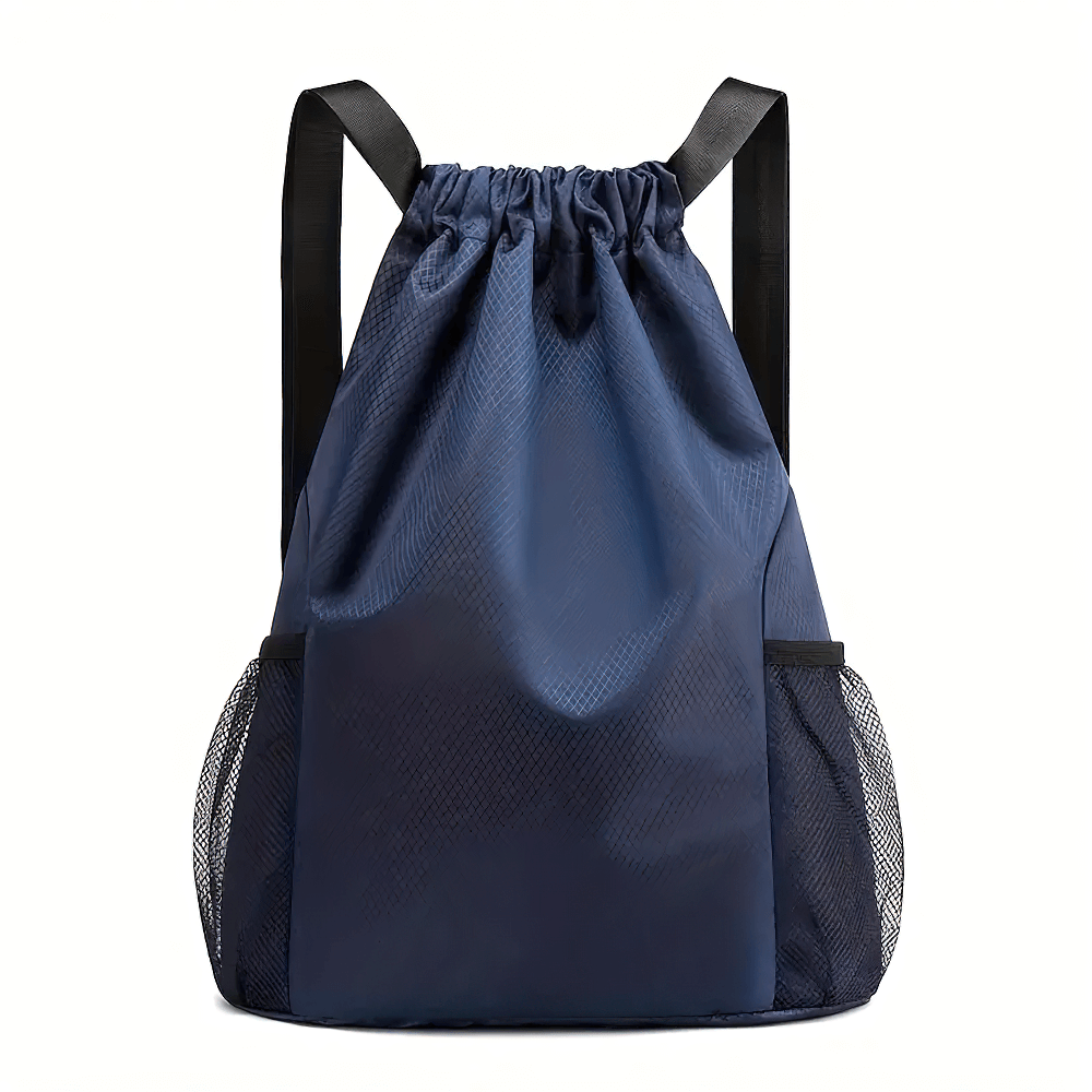 Navy sports drawstring backpack with mesh side pockets and adjustable straps, ideal for gym, travel, and outdoor activities.