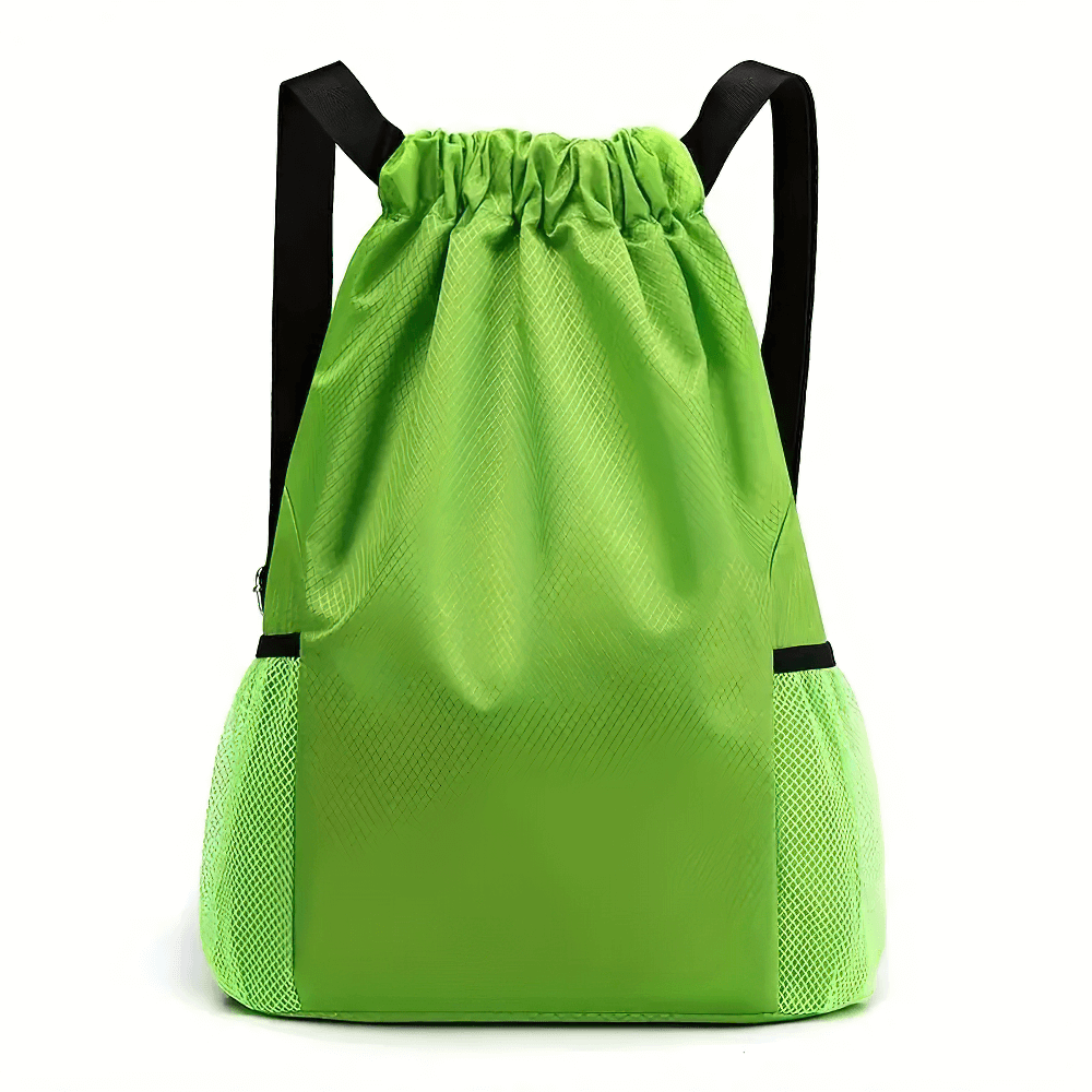 Bright green sports drawstring backpack with adjustable straps and mesh side pockets for gym and travel, made from durable Oxford fabric.