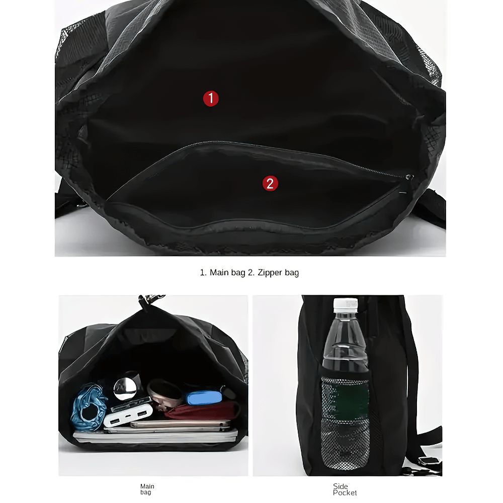 Interior view of sports drawstring backpack with main and zipper pockets, mesh side pocket holding a water bottle, showcasing gym essentials