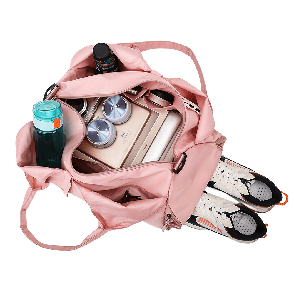 Pink sports duffel bag SF2658 with shoe compartment, bottles, and gym essentials, ideal for travel and gym trips.