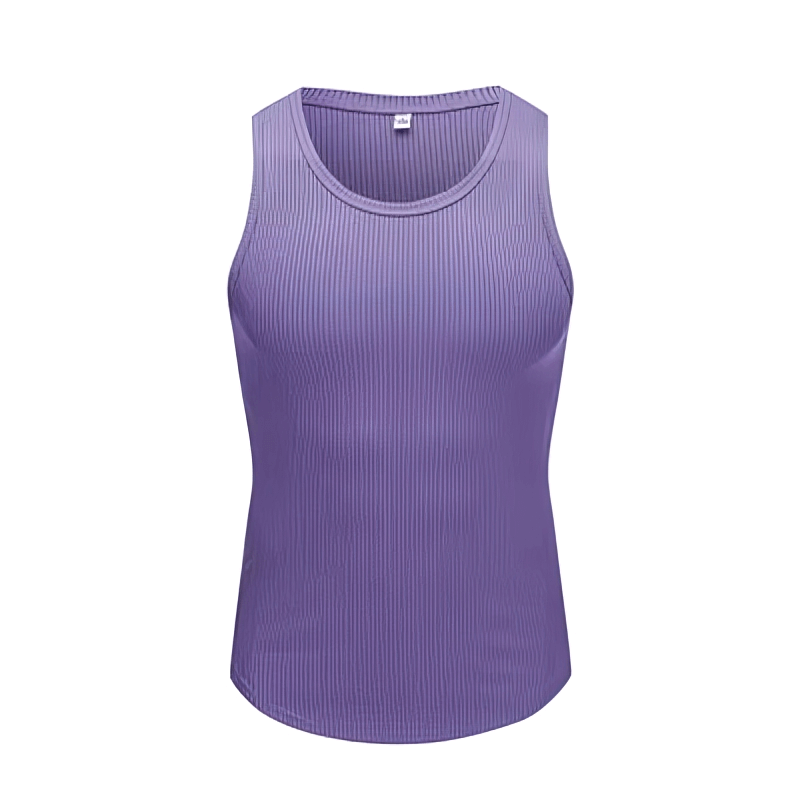 Purple sports elastic breathable men's tank top for summer training, O-neck design, lightweight and comfortable.