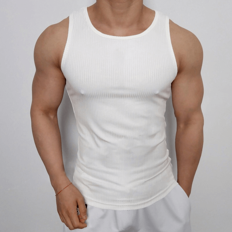 White breathable men's tank top for training, featuring elastic fit and O-neck design, perfect for summer workouts.