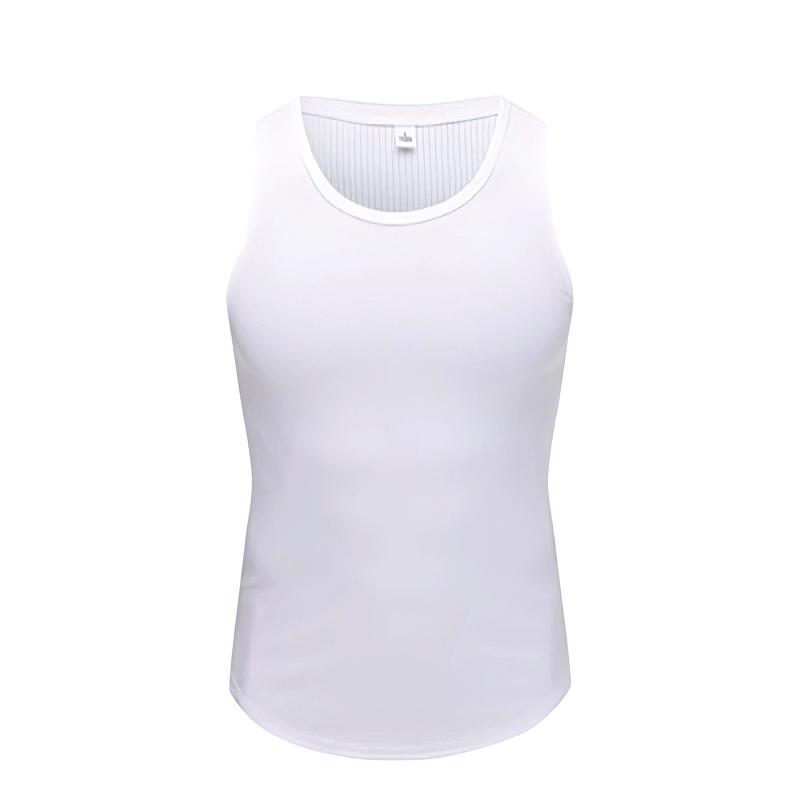 White sports elastic breathable men's tank top with O-neck, perfect for summer training and activewear.