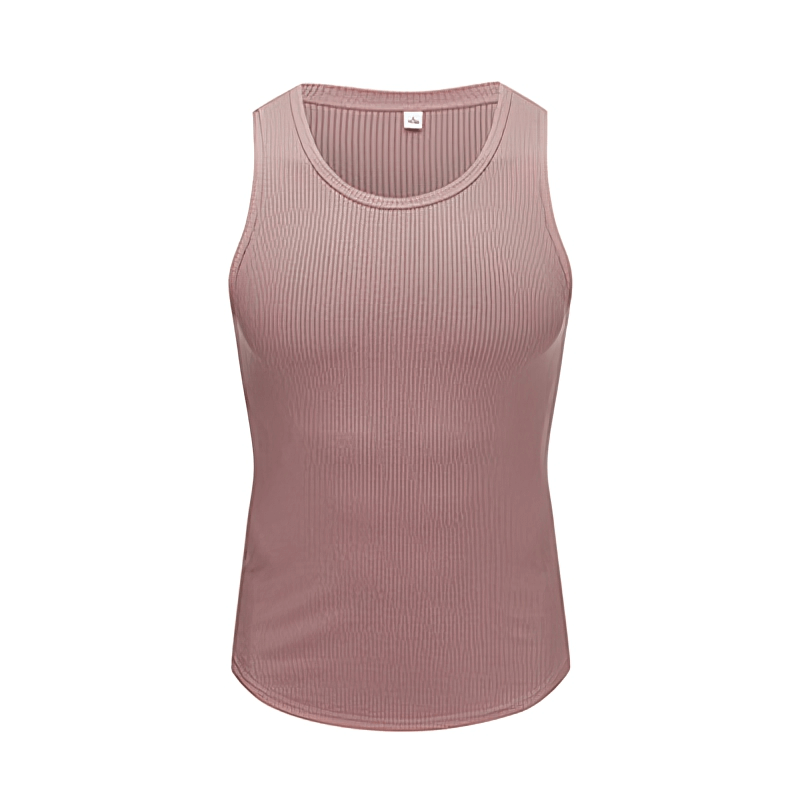 Pink ribbed men's sports tank top with O-neck design, perfect for summer training, offering elasticity and breathability.