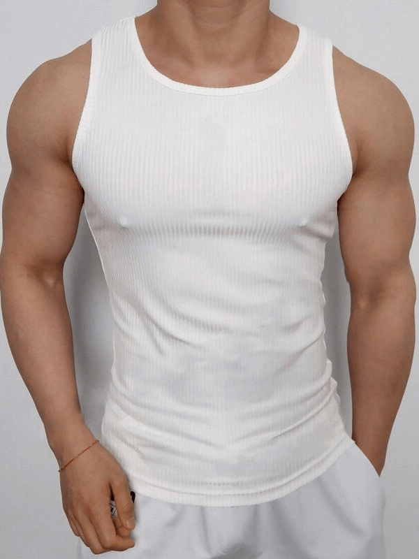 "White sports elastic breathable men's tank top for training, perfect for summer workouts. Features O-neck and lightweight design."