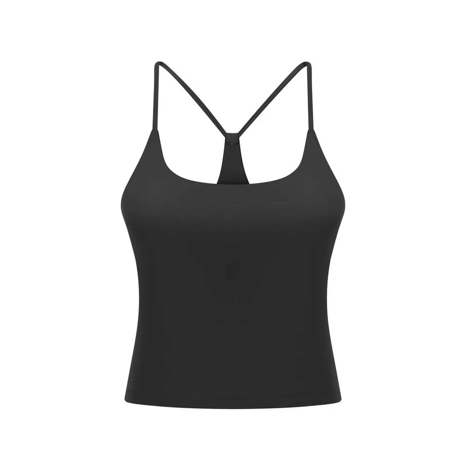 Black sports elastic breathable women's tank top with straps, made of 80% nylon and 20% spandex, ideal for fitness activities.