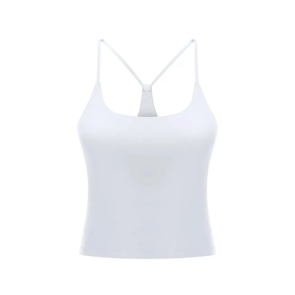 Women's white sports tank top with adjustable straps and breathable mesh design, perfect for fitness activities.