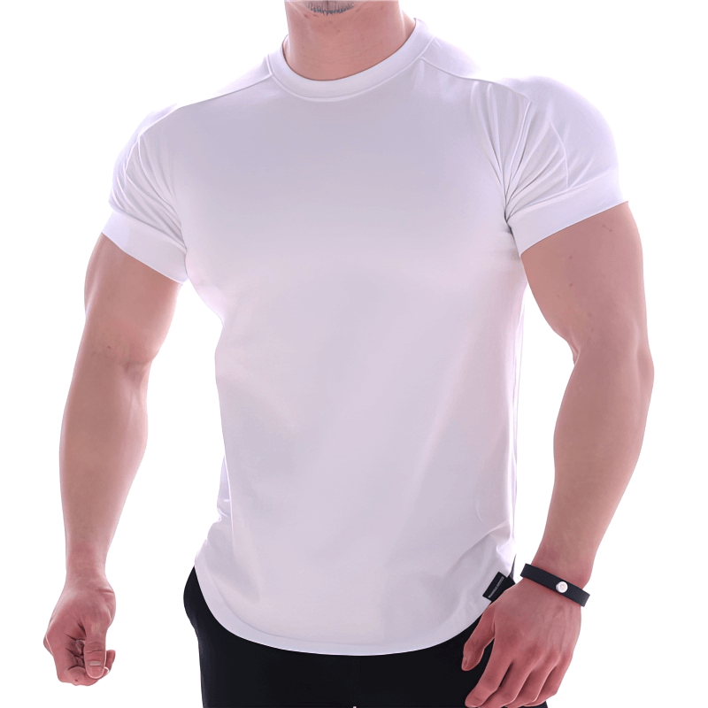 Men's white quick-drying sports t-shirt with round neck, perfect for exercise or leisure activities.